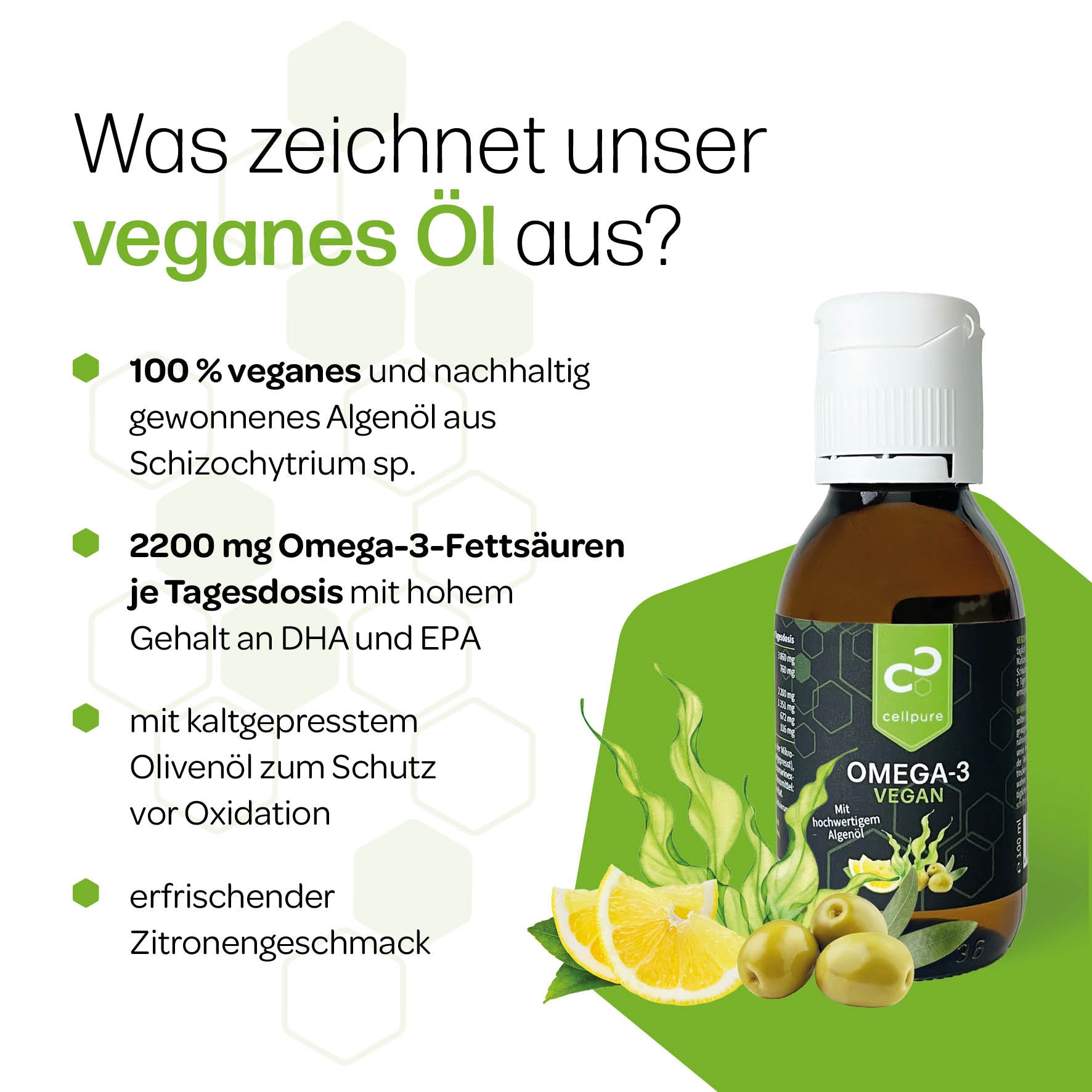 Cellpure Omega-3: 100 % vegan, 2200 mg Omega-3, Algenöl, Zitronengeschmack